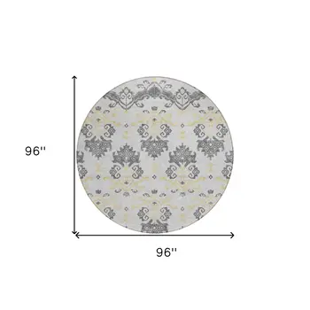 8' Charcoal Silver And Gold Round Oriental Washable Indoor Outdoor Area Rug