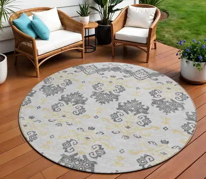 8' Charcoal Silver And Gold Round Oriental Washable Indoor Outdoor Area Rug