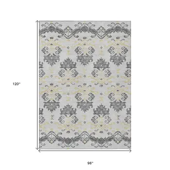 8' X 10' Charcoal Silver And Gold Oriental Washable Indoor Outdoor Area Rug