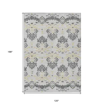 10' X 14' Charcoal Silver And Gold Oriental Washable Indoor Outdoor Area Rug