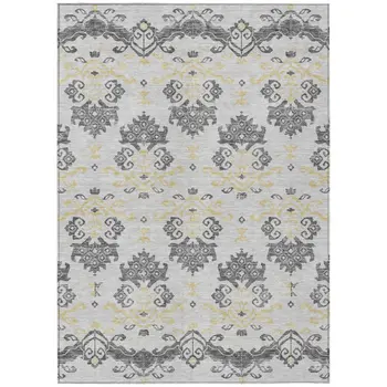 10' X 14' Charcoal Silver And Gold Oriental Washable Indoor Outdoor Area Rug