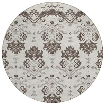 8' Chocolate Taupe And Beige Round Oriental Washable Indoor Outdoor Area Rug