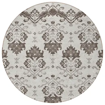 8' Chocolate Taupe And Beige Round Oriental Washable Indoor Outdoor Area Rug