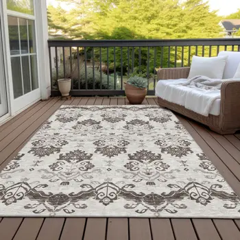 8' X 10' Chocolate Taupe And Beige Oriental Washable Indoor Outdoor Area Rug