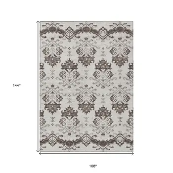 9' X 12' Chocolate Taupe And Beige Oriental Washable Indoor Outdoor Area Rug