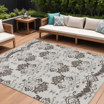 9' X 12' Chocolate Taupe And Beige Oriental Washable Indoor Outdoor Area Rug