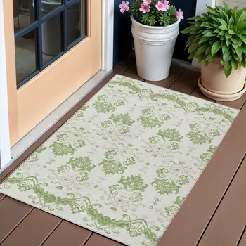 3' X 5' Green Beige And Taupe Oriental Washable Indoor Outdoor Area Rug