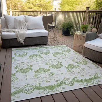3' X 5' Green Beige And Taupe Oriental Washable Indoor Outdoor Area Rug