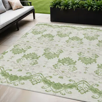5' X 8' Green Beige And Taupe Oriental Washable Indoor Outdoor Area Rug