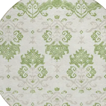 8' Green Beige And Taupe Round Oriental Washable Indoor Outdoor Area Rug