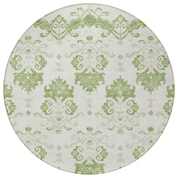 8' Green Beige And Taupe Round Oriental Washable Indoor Outdoor Area Rug