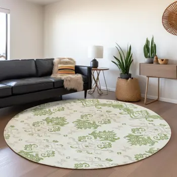 8' Green Beige And Taupe Round Oriental Washable Indoor Outdoor Area Rug