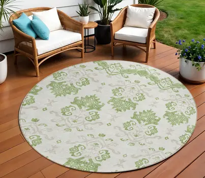 8' Green Beige And Taupe Round Oriental Washable Indoor Outdoor Area Rug
