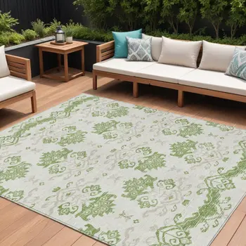 8' X 10' Green Beige And Taupe Oriental Washable Indoor Outdoor Area Rug