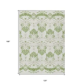 10' X 14' Green Beige And Taupe Oriental Washable Indoor Outdoor Area Rug