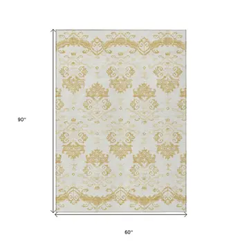 5' X 8' Gold Beige And Wheat Oriental Washable Indoor Outdoor Area Rug