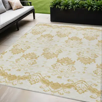 5' X 8' Gold Beige And Wheat Oriental Washable Indoor Outdoor Area Rug