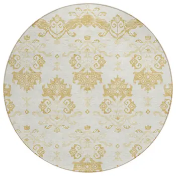 8' Gold Beige And Wheat Round Oriental Washable Indoor Outdoor Area Rug
