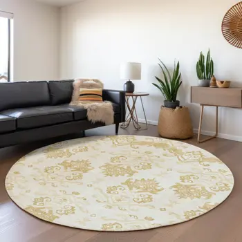 8' Gold Beige And Wheat Round Oriental Washable Indoor Outdoor Area Rug