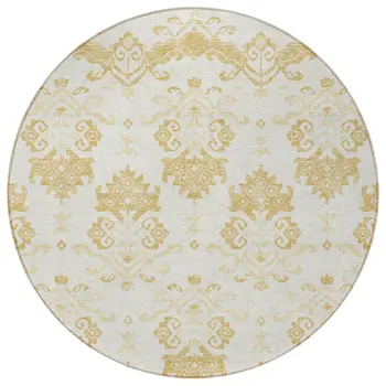 8' Gold Beige And Wheat Round Oriental Washable Indoor Outdoor Area Rug