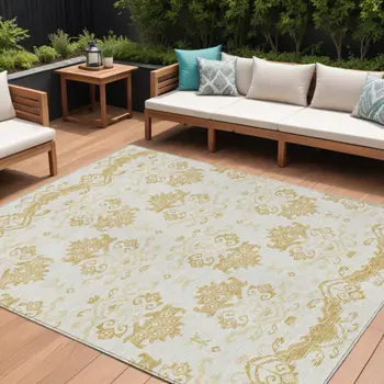 9' X 12' Gold Beige And Wheat Oriental Washable Indoor Outdoor Area Rug