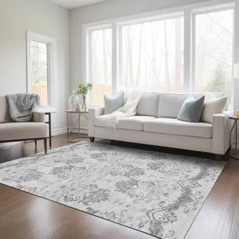 3' X 5' Graphite Gray And Silver Oriental Washable Indoor Outdoor Area Rug