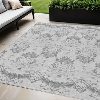 5' X 8' Graphite Gray And Silver Oriental Washable Indoor Outdoor Area Rug