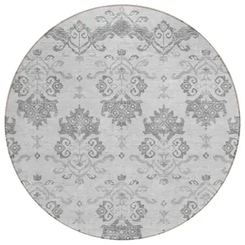 8' Graphite Gray And Silver Round Oriental Washable Indoor Outdoor Area Rug