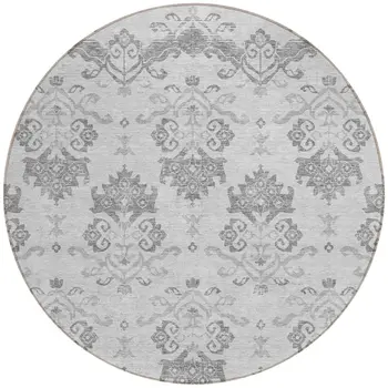 8' Graphite Gray And Silver Round Oriental Washable Indoor Outdoor Area Rug