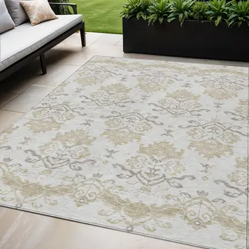 5' X 8' Ivory Beige And Taupe Oriental Washable Indoor Outdoor Area Rug
