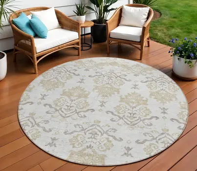 8' Ivory Beige And Taupe Round Oriental Washable Indoor Outdoor Area Rug