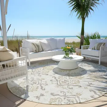 8' Ivory Beige And Taupe Round Oriental Washable Indoor Outdoor Area Rug