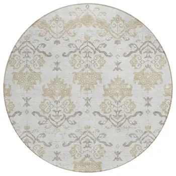 8' Ivory Beige And Taupe Round Oriental Washable Indoor Outdoor Area Rug