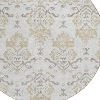 8' Ivory Beige And Taupe Round Oriental Washable Indoor Outdoor Area Rug