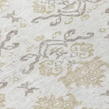8' Ivory Beige And Taupe Round Oriental Washable Indoor Outdoor Area Rug