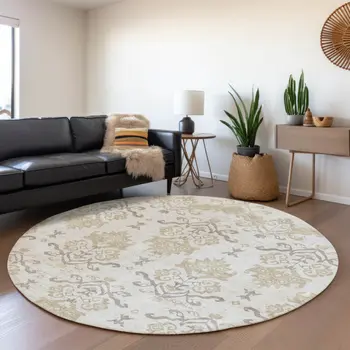 8' Ivory Beige And Taupe Round Oriental Washable Indoor Outdoor Area Rug