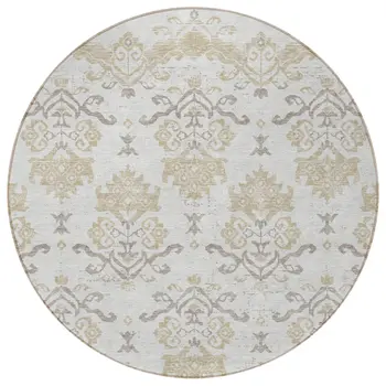 8' Ivory Beige And Taupe Round Oriental Washable Indoor Outdoor Area Rug