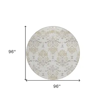 8' Ivory Beige And Taupe Round Oriental Washable Indoor Outdoor Area Rug