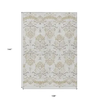 9' X 12' Ivory Beige And Taupe Oriental Washable Indoor Outdoor Area Rug