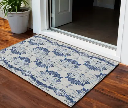 3' X 5' Navy Blue Beige And Denim Blue Oriental Washable Indoor Outdoor Area Rug