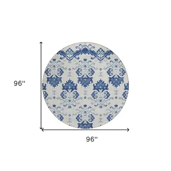 8' Navy Blue Beige And Denim Blue Round Oriental Washable Indoor Outdoor Area Rug