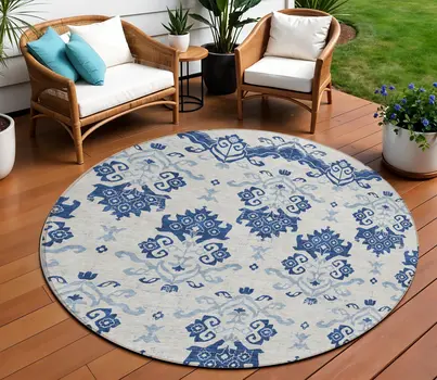8' Navy Blue Beige And Denim Blue Round Oriental Washable Indoor Outdoor Area Rug