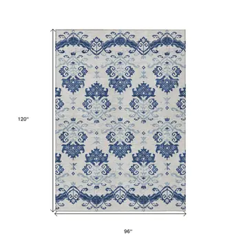 8' X 10' Navy Blue Beige And Denim Blue Oriental Washable Indoor Outdoor Area Rug