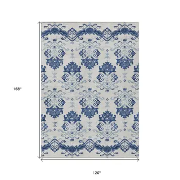 10' X 14' Navy Blue Beige And Denim Blue Oriental Washable Indoor Outdoor Area Rug