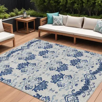 10' X 14' Navy Blue Beige And Denim Blue Oriental Washable Indoor Outdoor Area Rug