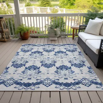 10' X 14' Navy Blue Beige And Denim Blue Oriental Washable Indoor Outdoor Area Rug