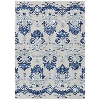 10' X 14' Navy Blue Beige And Denim Blue Oriental Washable Indoor Outdoor Area Rug