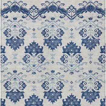 10' X 14' Navy Blue Beige And Denim Blue Oriental Washable Indoor Outdoor Area Rug
