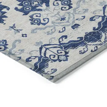 10' X 14' Navy Blue Beige And Denim Blue Oriental Washable Indoor Outdoor Area Rug