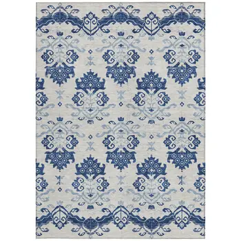 10' X 14' Navy Blue Beige And Denim Blue Oriental Washable Indoor Outdoor Area Rug